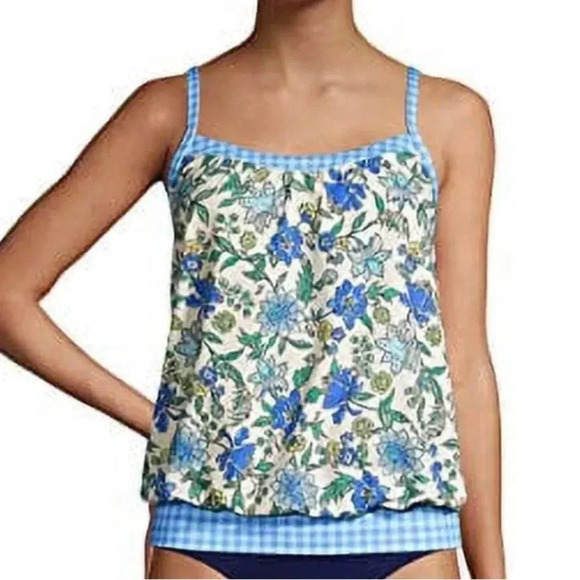 Lands' End Tankini Top Size 12 DD Blouson Lotus Floral/Gingham Swimsuit Blue - Picture 12 of 12